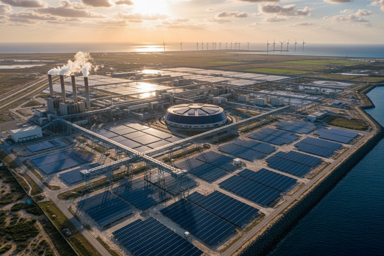 An aerial view shows a sprawling industrial complex combining a power plant with smoking chimneys, extensive solar panel arrays on the ground, and distant wind turbines along the coast at sunset.