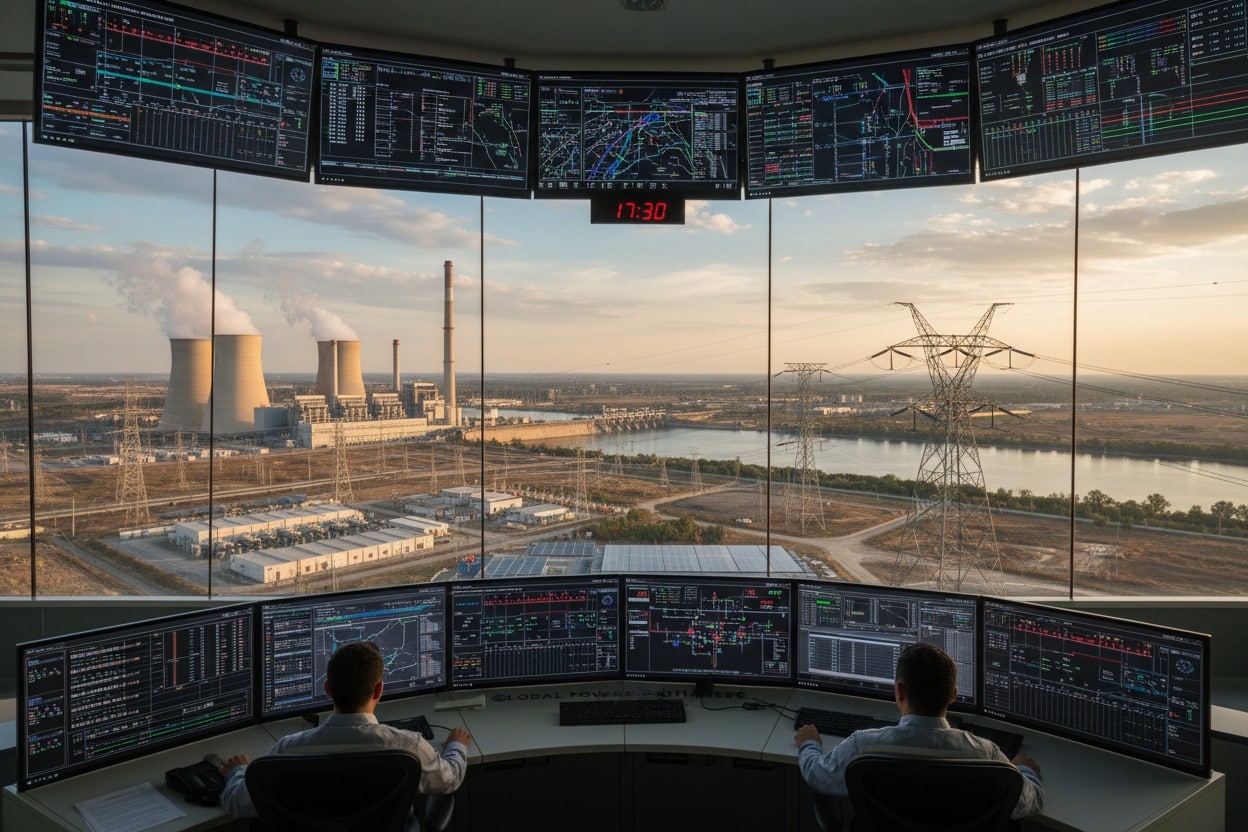 Two operators sit before a curved bank of monitors in a control room, overlooking a large power plant and transmission lines outside the window at sunset.
