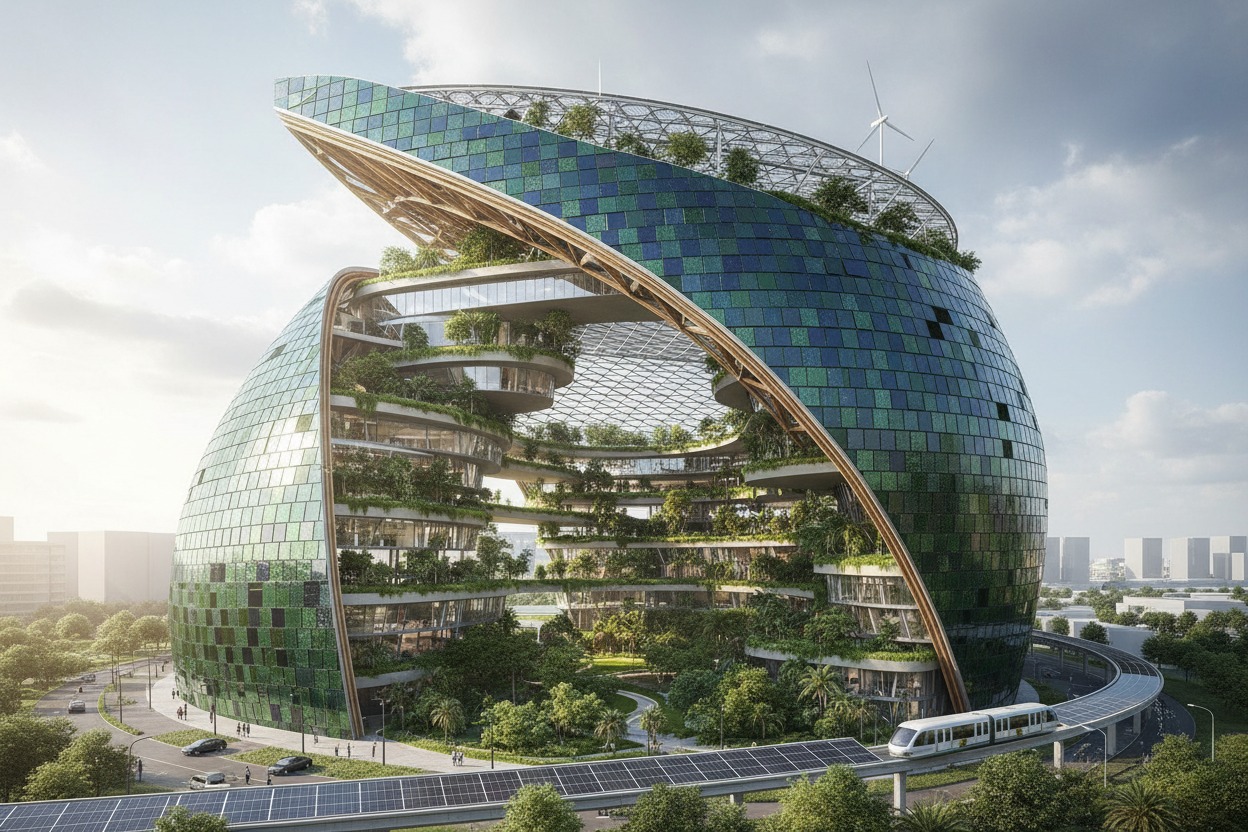 A futuristic, rounded building featuring solar panels and abundant greenery incorporates an open central courtyard and a monorail track running past its base.
