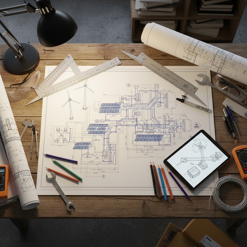 An overhead view of a wooden drafting table covered in blueprints, rulers, colored pencils, safety glasses, and a tablet displaying a technical drawing.