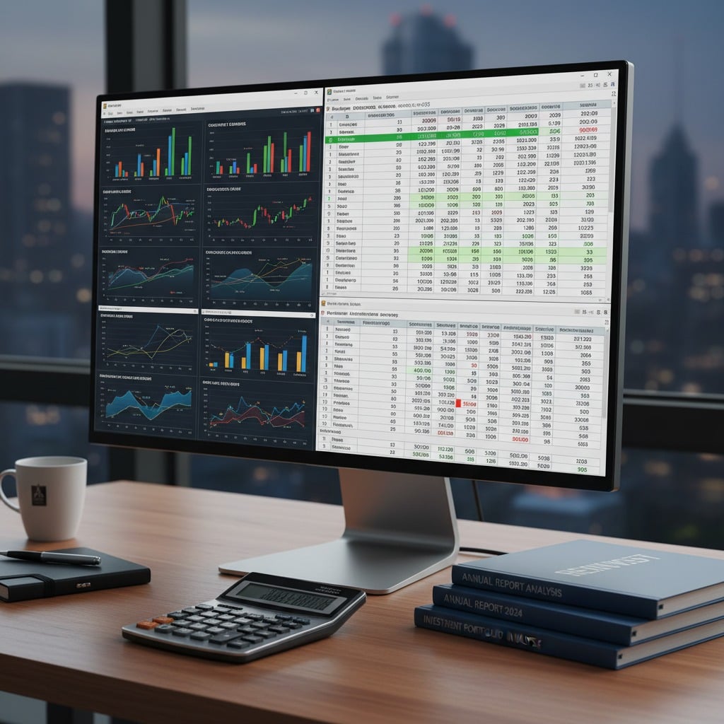 A computer monitor displays financial charts and data spreadsheets on a desk with a calculator, a notebook, and stacked annual report books.