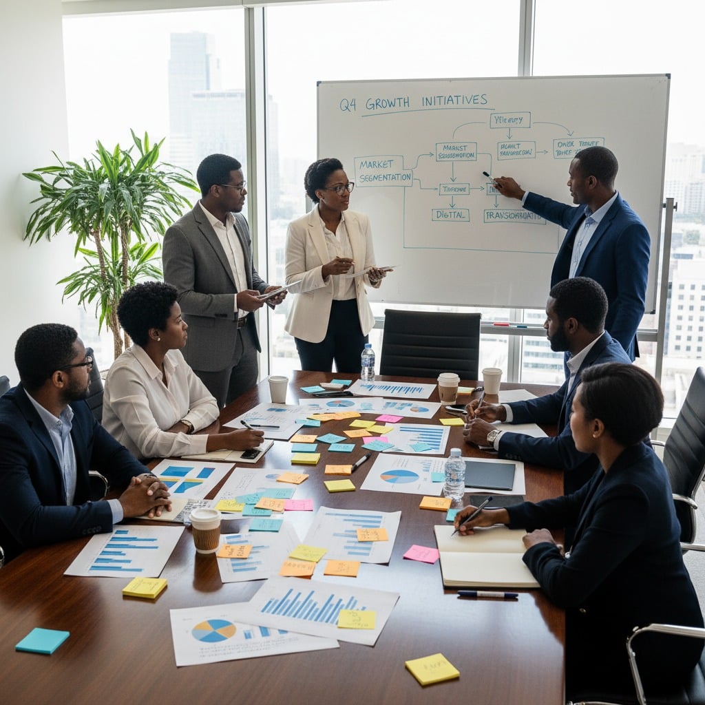 A diverse team of business professionals collaborate around a conference table strewn with charts and sticky notes, while a man points to a flowchart on a whiteboard.