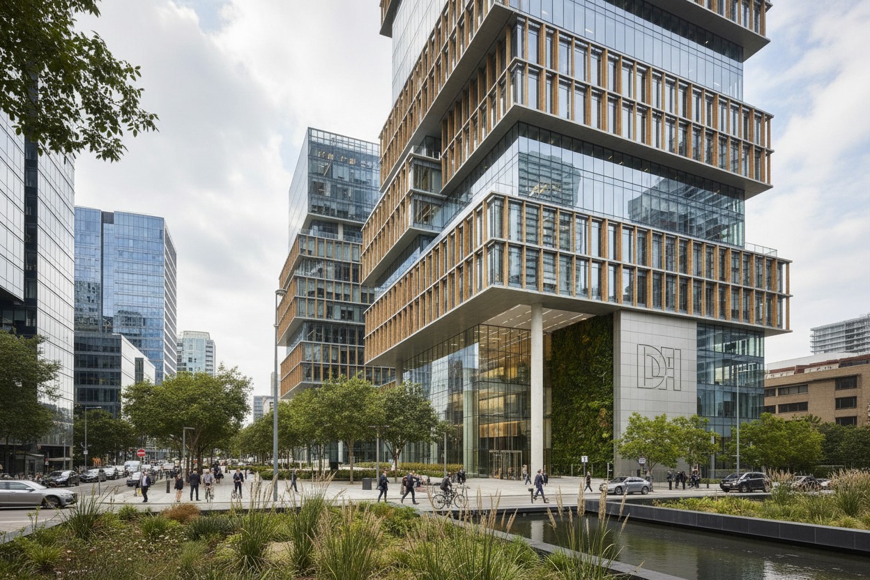 A modern office tower with staggered glass and wood-slatted facade blocks stands alongside a paved plaza, trees, and a reflecting pool.